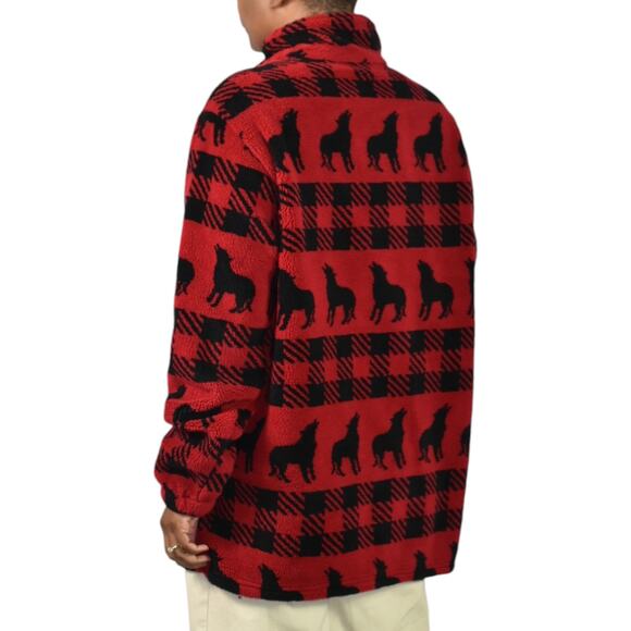 Woolrich Sherpa Fleece Jacket Red Quarter Zip Wolf Buffalo Plaid Blanket Large - Picture 2 of 16